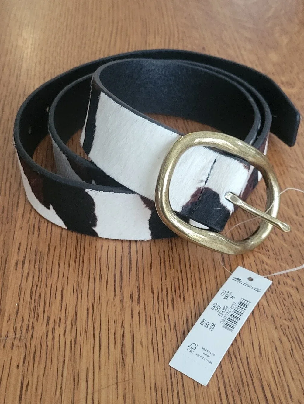 Madewell Oval Buckle Belt - Calfhair Cow Print - white, black, brown